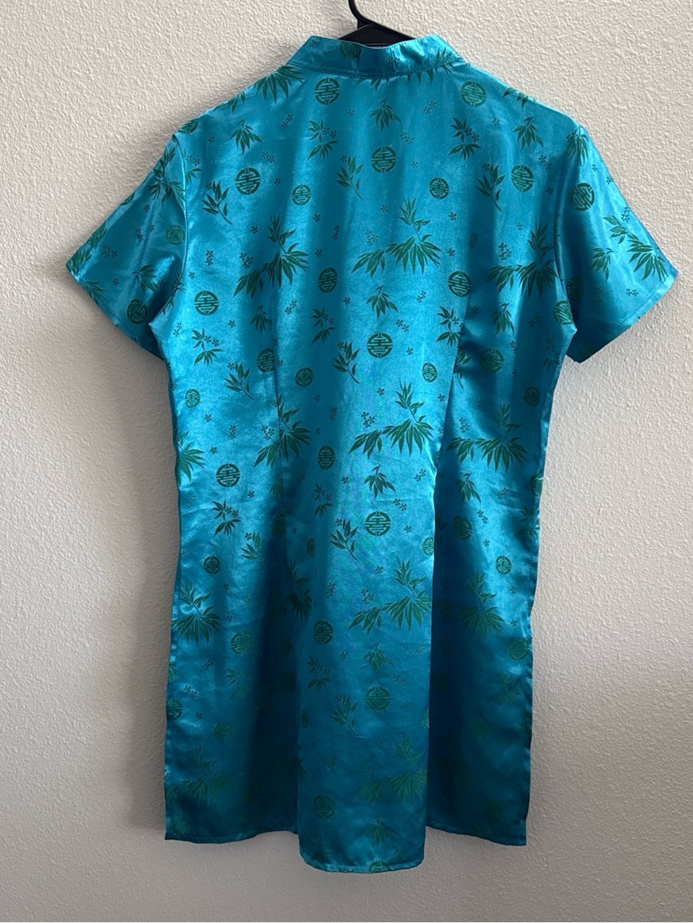 100% Silk Vietnamese Cheongsam Style Tunic Top Teal Blue Bamboo Print Size L - Picture 2 of 6